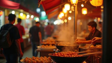 Fototapeta premium Vendor cooking street food, a vendor preparing steaming hot skewers and fried balls at a bustling night market with red tents and glowing lanterns, vibrant scene of people enjoying food