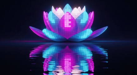 A vibrant, futuristic lotus flower with neon blue and purple hues, reflecting on a dark surface.