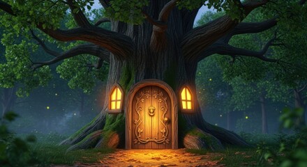 A magical forest with a large, gnarled oak tree and a cozy, wooden door with a face carved into it, emitting a warm glow from its windows.