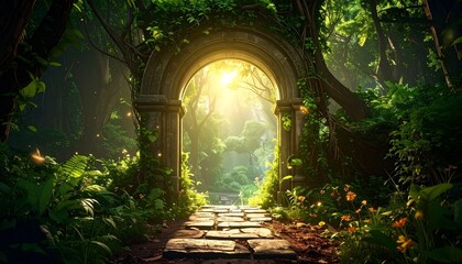 Ancient archway leading into a lush, sunlit forest