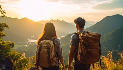Couple hiking at sunset