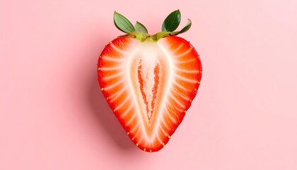 A halved fresh strawberry displaying its juicy interior and vibrant red skin on pink