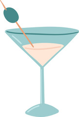 A martini glass with a pale pink drink and an olive