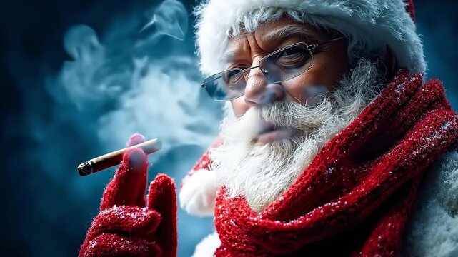 A man in a santa claus hat smoking a cigarette