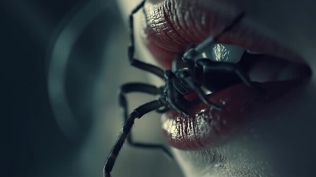 A close up of a woman's mouth with a spider on her lips