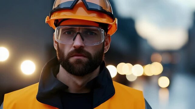 A construction worker wearing an orange hard hat, safety goggles, and a high-visibility vest, standing on a city street.