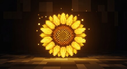 Pixelated sunflower with glowing yellow petals against a dark background.