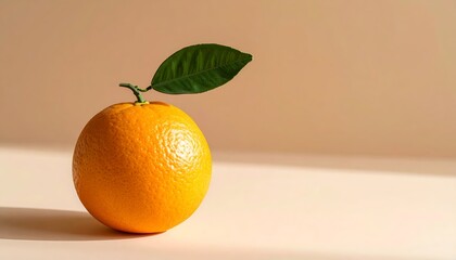 A single, vibrant orange with a fresh green leaf casts shadows on a neutral backdrop.