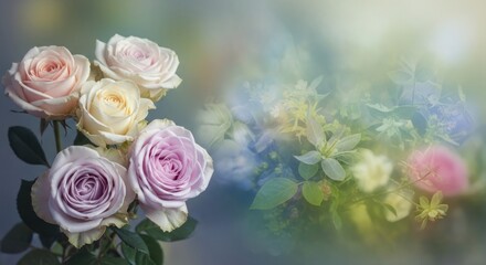 Bouquet of pink and white roses with a blurred background.