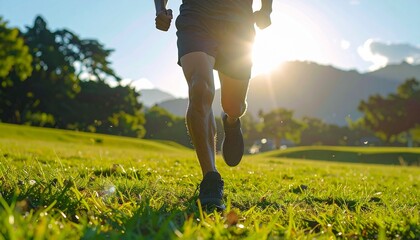 Runner on a grassy field at sunset