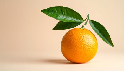 A single, vibrant orange with fresh green leaves rests on a light, neutral background.