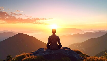A person meditating on a mountaintop at sunrise