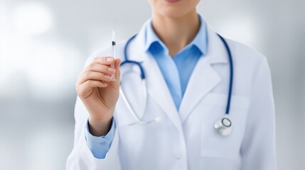 Female healthcare professional in a white lab coat holds a syringe in a clinical setting, showcasing medical expertise and readiness for patient care in a sterile environment