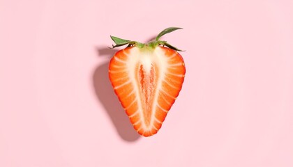 A vibrant half strawberry showcases its juicy interior against a soft pink backdrop.