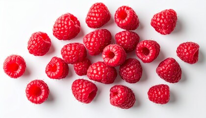 A vibrant collection of fresh, red raspberries is scattered on a clean, white surface.