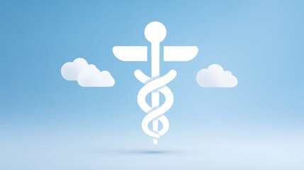 White medical symbol featuring a caduceus intertwined with a snake, set against a soft blue background with fluffy clouds, representing healthcare and wellness concepts in a modern design