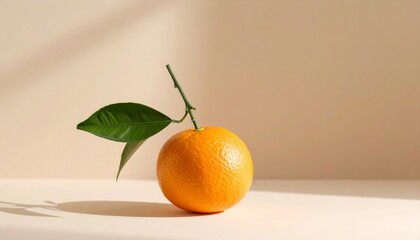 A vibrant tangerine rests on a beige surface, illuminated by soft, diffused light