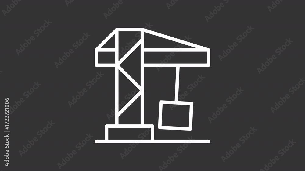 Poster tower crane ui icon white line animation. hoist with freight. powerful building machine. constructio