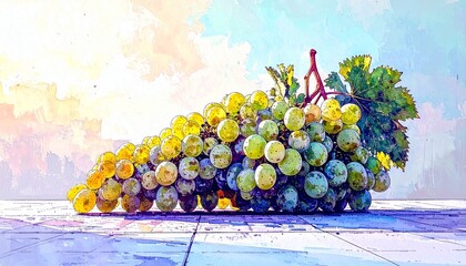 Artistic rendering shows a vibrant bunch of grapes with leaves under sunny skies.