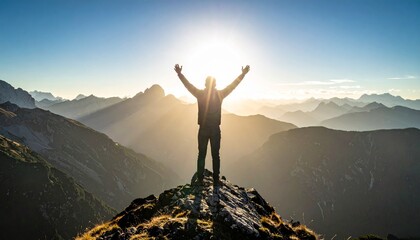 A silhouette of a man on a mountain peak, arms raised in triumph, sunrise view