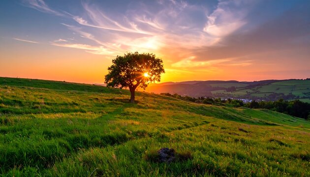 Solitary tree silhouetted against vibrant sunset over rolling hills