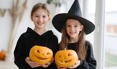Two happy children celebrating Halloween, holding carved pumpkins with smiling faces. 