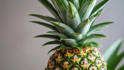 Close-up highlights vivid detail of a pineapple, showcasing its textures and colors.
