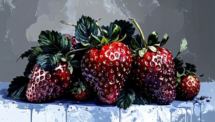 Dramatic, painterly still life showcases the vibrant red strawberries and rich green
