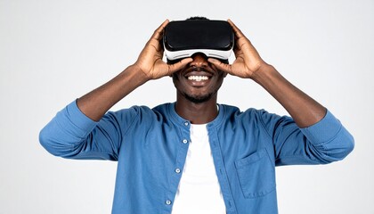 Happy man wearing VR headset, smiling