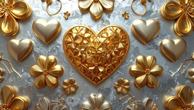 Gold and silver hearts and flowers on a textured background