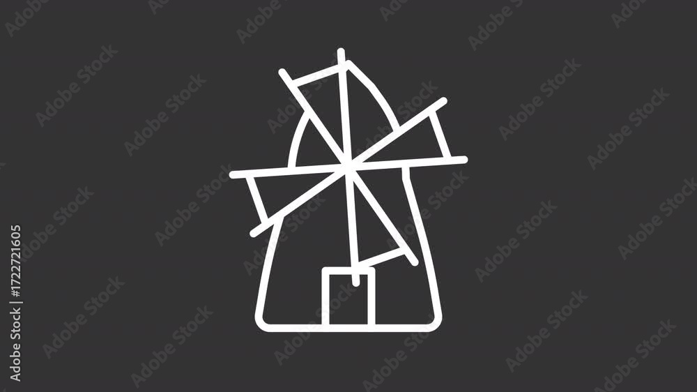 Poster traditional mill ui icon white line animation. equipment grinding grain into flour. old rural archit