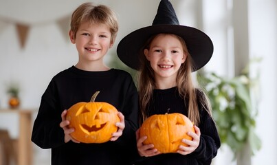 Two happy children celebrating Halloween, holding carved pumpkins with smiling faces. 