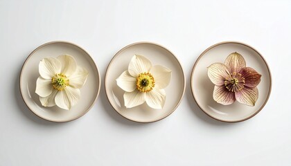 Three plates of delicate flowers