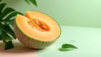 Halved cantaloupe melon showcasing its juicy orange flesh against a pastel backdrop.