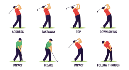 An illustrated guide depicting the different stages of a golf swing, showcasing the address, takeaway, top, downswing, impact, and follow-through positions in a flat design style.