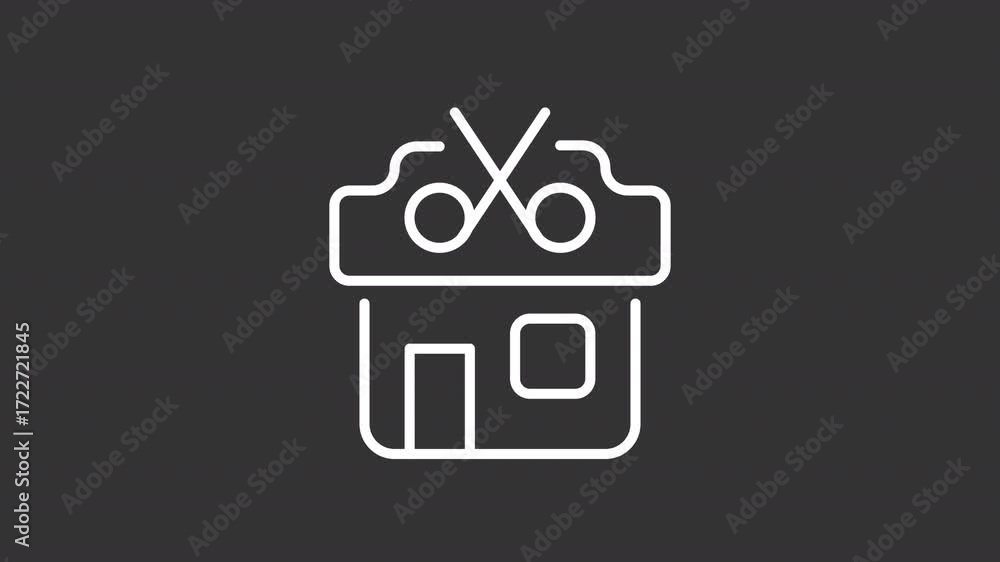 Poster hairdressing salon ui icon white line animation. barbershop building with scissors on facade. beauty