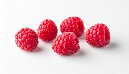 Isolated shot of a group of five vivid red raspberries on a white surface, close up.
