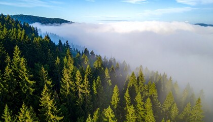 High-angle view of a dense forest, with a layer of clouds