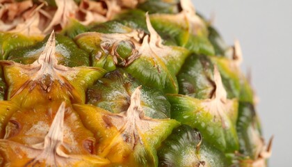 Macro image showcases the intricate texture and details of a vibrant, ripe pineapple.