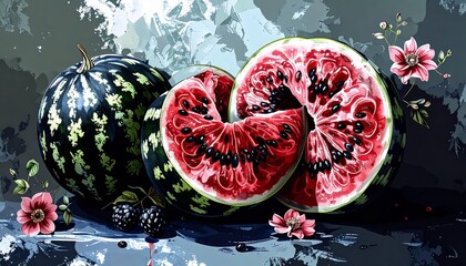 Still life artwork showcases vibrant watermelons, blackberries, and delicate pink flowers.