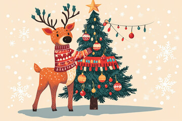 Fototapeta premium Festive Cartoon Deer Decorating Christmas Tree