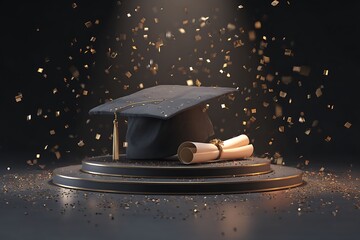 Stunning graduation celebration with cap, diploma, and falling confetti on elegant pedestal, perfect for academic achievement announcements