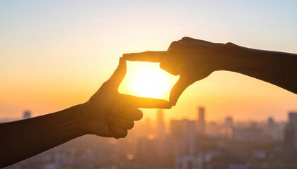 Plakat Hands frame setting sun over city skyline, creating a bright, golden aperture of light with a sense of warmth and hopeful anticipation