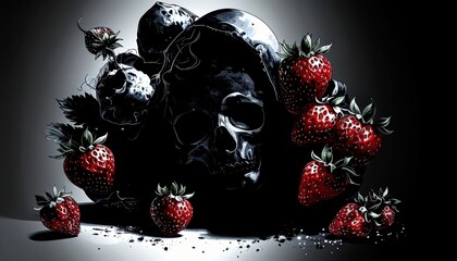Stylized skull surrounded by vibrant red strawberries creating a surreal contrast design.