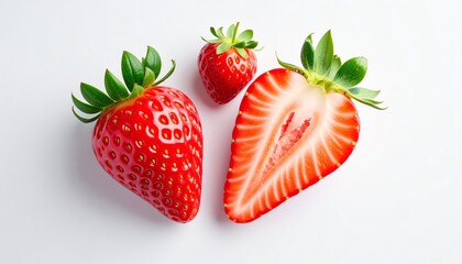 Three vibrant strawberries, including a halved one, presented on a clean white surface.