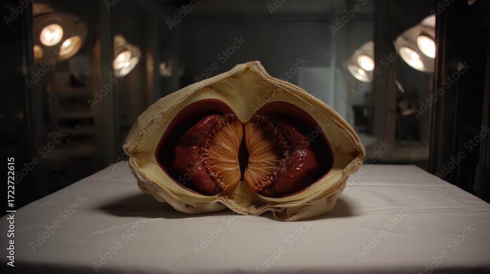 Poster anatomical study of open shell with internal organs on table