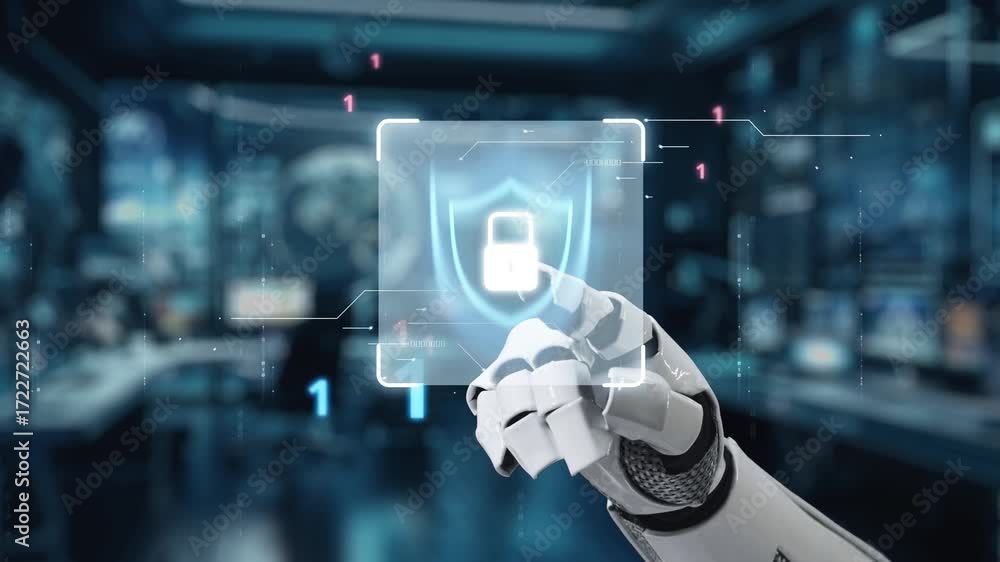 Poster a robotic hand engages with a digital security interface featuring a padlock, symbolizing advanced t