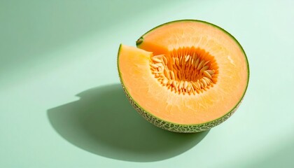 Vibrant cantaloupe half displays its juicy texture against a cool, minimalist backdrop.