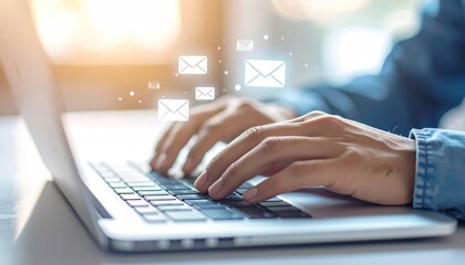 Person using laptop keyboard; translucent envelope icons float above. Sunlight floods the scene creating a warm, inviting workplace aesthetic