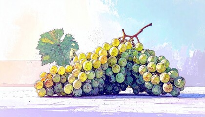 Vibrant bunch of ripe grapes with a leaf presented in a painterly illustration style.